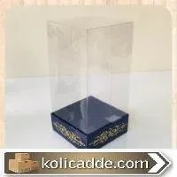 Lacivert Karton Üzerine Altın Renk Saray Desenli Üstü Kısım Komple Şeffaf Asetat Kutu 8x8x12 cm