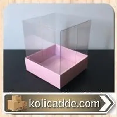 Altı Pembe Karton Şeffaf Kapaklı Asetat Kutu 9x9x10 cm