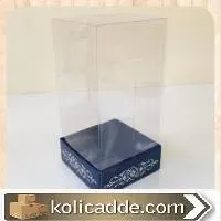 Lacivert Karton Üzerine Gümüş Saray Desenli Üstü Kısım Komple Şeffaf Asetat Kutu 8x8x12 cm
