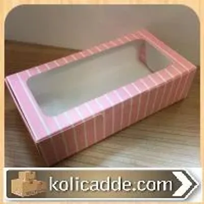 Pembe Beyaz Çizgili Karton Ortası Şeffaf Pencereli Asetat Kutu 20x10x5 cm.