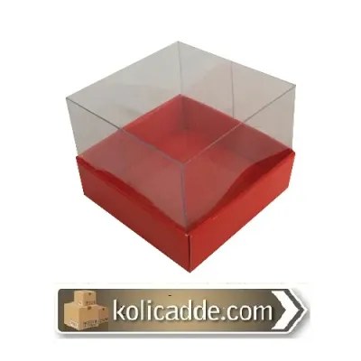 Alt Kırmızı Karton Üst Asetat Kapak Kutu 7x7x7 cm