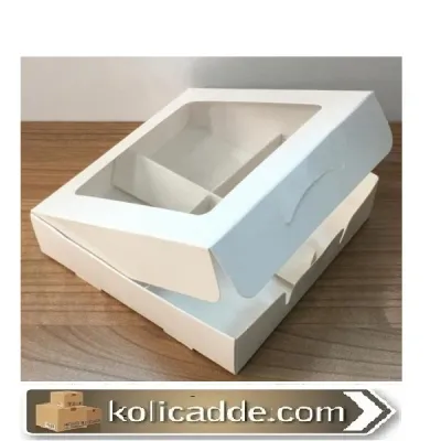 Altı Beyaz 4 Bölmeli Asetat Pencereli Karton Kutu 12x12x3 cm