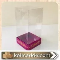 Mor Karton Üzerine Altın Renk Saray Desenli Üstü Kısım Komple Şeffaf Asetat Kutu 8x8x12 cm