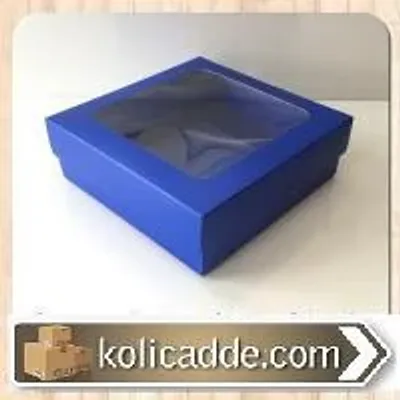 Alt Lacivert Karton Ortası Şeffaf Pencereli Asetat Kutu 15x15x5 cm.