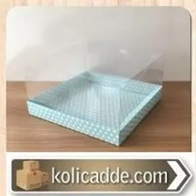 Asetat Kapaklı Mavi Puantiyeli Karton Kutu 20x20x8 cm