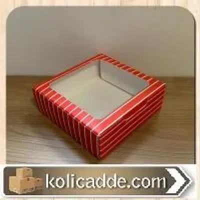 Kırmızı Beyaz Çizgili Karton Ortası Şeffaf Pencereli Asetat Kutu 15x15x5 cm.