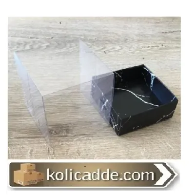 Asetat Kapaklı Siyah Mermer Desenli Karton Kutu 9x9x10 cm