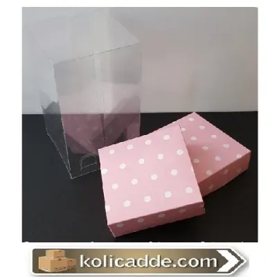 Çift Tarafı Pembe Üzerine Beyaz Puanlı Karton Kapaklı Asetat Kutu 10x10x16 cm.