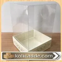 Krem Karton Üzerine Gümüş Saray Desenli Üstü Kısım Komple Şeffaf Asetat Kutu 8x8x12 cm
