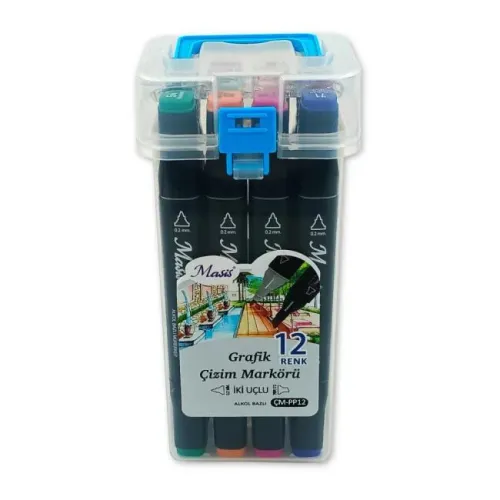 Masis Grafik Çizim Marker Set İki Uçlu, 12li Şeffaf PP Kutu