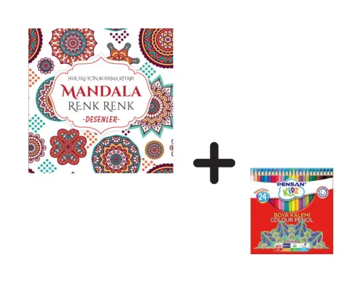 Mandala Renk Renk Desenler ve Pensan Kidz 24'lü Kuru Boya Kalem Seti (