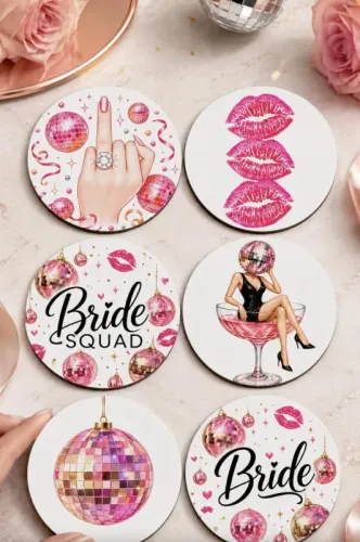 Bride Temalı Bekarlığa Veda Bardak Altlığı 6'lı Set – 9 cm MDF Dijital