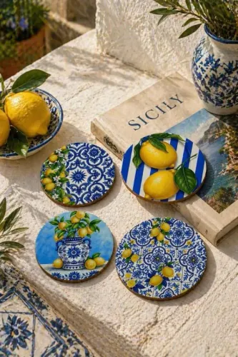 Limon Desenli Bardak Altlığı 4'lü Set – Sicilya Temalı - 9 cm, 3 mm MDF, UV Baskı, Dekoratif Bardak Altlık
