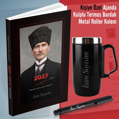 Kişiye Özel 2027 Kalpaklı Ajanda - Kulplu Termos Bardak ve Metal Rol