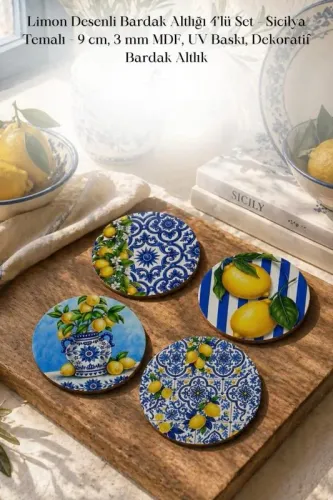 Limon Desenli Bardak Altlığı 4’lü Set – Sicilya Temalı - 9 cm, 3 mm Limon Desenli Bardak Altlığı 4’lü Set – Sicilya Temalı - 9 cm, 3 mm