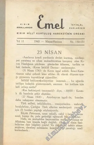 Emel - Kırım Milli Kurtuluş Hareketinin Organı - Sayı:150 - 151      Mayıs - Haziran