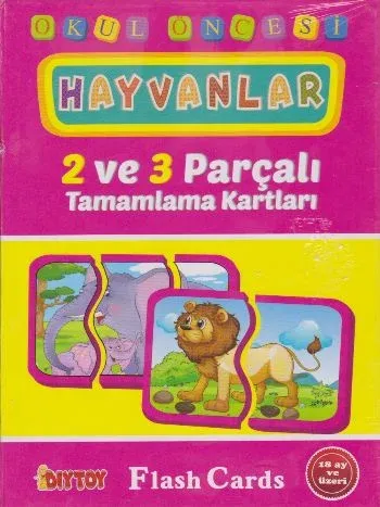 Eğitici Flash Card Book Okul Öncesi Hayvanlar 2 ve  3 Parçalı Tamamlama Kartları