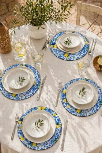 Motifli ve Limon Desenli 4'lü Supla Set – Sicilya Temalı - 30 cm, 3 mm MDF, UV Baskı, Masa Sunumu