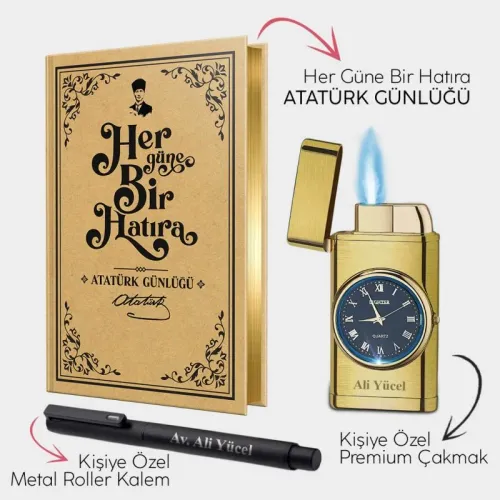 Kişiye Özel - Brushed Gold Saatli Çakmak - Metal Roller Kalem ve Atatü