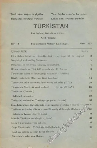 Türkistan - İlmi, İçtimai, İktisadi ve Kültürel Aylık Dergi - Sayı: 1, Nisan 1953