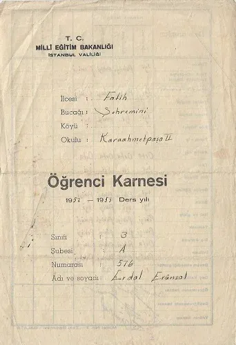 Topkapı Karaahmetpaşa II İlkokulu 1952-1953 Ders Yılı Öğrenci Karnesi - Erdal Erünsal