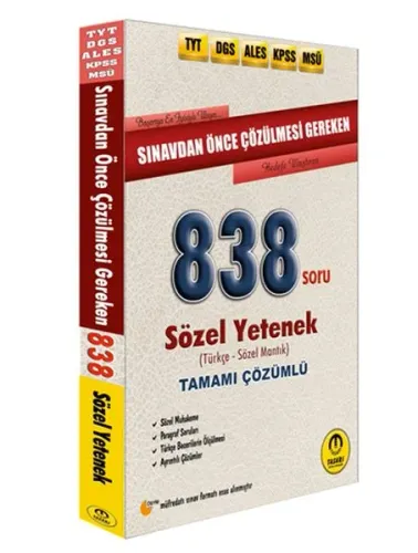 Tasarı DGS ALES TYT KPSS Öncesi Çözülmesi Gereken Sözel Yetenek 838 Soru (Yeni)