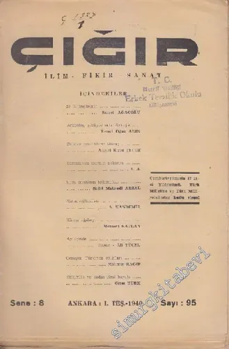 Çığır İlim, Fikir, Sanat Dergisi - Sayı: 95  9  8  Eylül