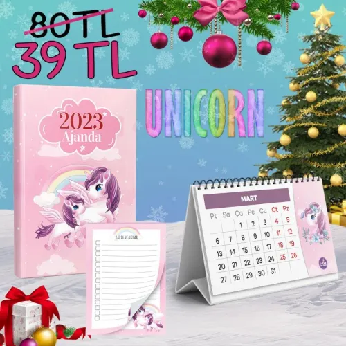 Unicorn Seti - 1 Ajanda 1 Takvim 1 Bloknot - Halkkitabevi