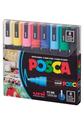 UNİ POSCA 8 Renk PC-5M SU BAZLI 1,8-2,5mm.POSTER MARKÖR ANA RENKLER