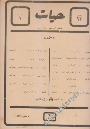 OSMANLICA: Hayat: Haftalık İlim, Felsefe ve Sanat Mecmuası -   Cilt: 1    5 Mayıs 1927