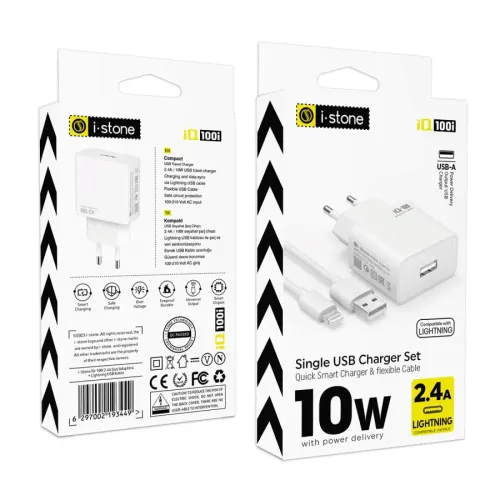 İQ-100i 2.4A Şarj Adaptörü + Lightning USB Kablo İQ-100i 2.4A Şarj Adaptörü + Lightning USB Kablo