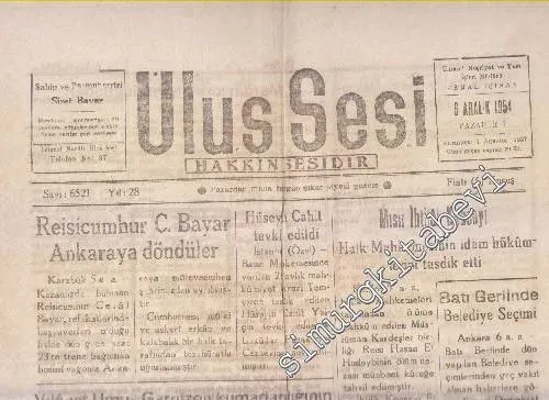 Ulus Sesi - Sayı: 6521  Yıl: 28    Aralık 1954
