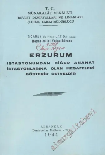 Erzurum İstasyonundan Diğer Anahat İstasyonlarına Olan Mesafeleri Gösterir Cetveldir -
