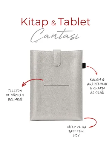 Yeni Nesil Kitap ve Tablet Çantası - Özel Deri Dokulu (GÜMÜŞ)