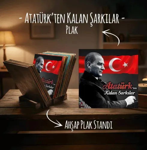 Atatürk'ten Kalan Şarkılar Plak ve Ahşap Plak Standı - Halkkitabevi