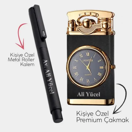 Kişiye Özel - Retro Mat Siyah Saatli Çakmak - Metal Roller Kalem