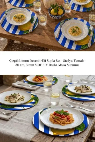 Çizgili Limon Desenli 4'lü Supla Set – Sicilya Temalı - 30 cm, 3 mm 