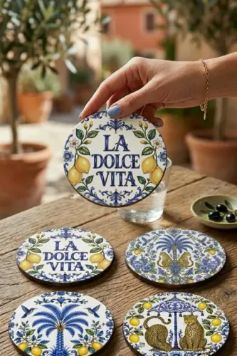 Sicilya Limon Desenli Bardak Altlığı 4'lü Set – La Dolce Vita Palmiye Sicilya Limon Desenli Bardak Altlığı 4'lü Set – La Dolce Vita Palmiye