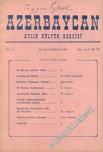 Azerbaycan - Aylık Kültür Dergisi - Sayı: 2-3 (26-27), Mayıs - Haziran 1954