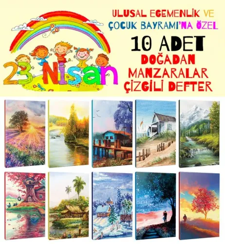 10lu Manzara Temalı Çizgili Okul Defteri Seti - 64 Sayfa