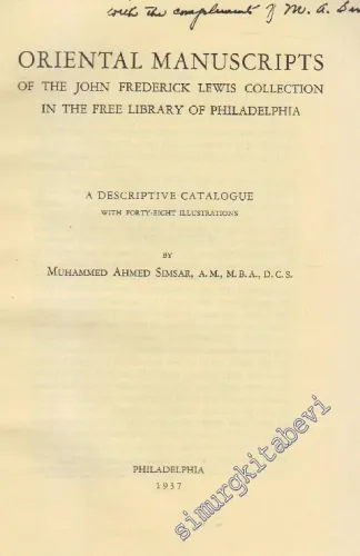 Oriental Manuscripts Of The John Frederick Lewis Collection In The Free Library Of Philadelphia: A Descriptive Catalogue FOTOKOPİ -