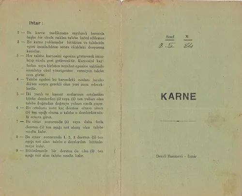 1935-1936 Yılı İzmir Kız Öğretmen Lisesi Öğrenci Karnesi