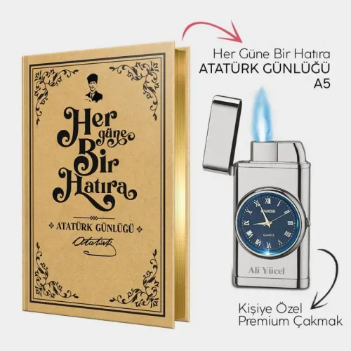 Kişiye Özel - Silver Saatli Çakmak ve Atatürk Günlüğü A5 - Halkkitabev