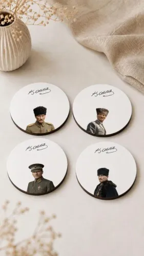 Atatürk Bardak Altlığı 4'lü Set 9 cm, 3 mm MDF, UV Baskı, Dekoratif Bardak Altlık