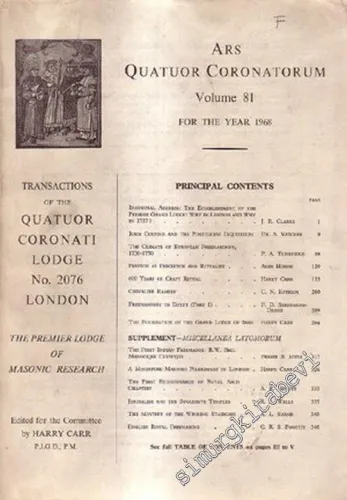 MASONİK Ars Quatuor Coronatorum - Transactium of Quatuor Coronati Lodge No. 2076 - Volume: 81, Year: 1968