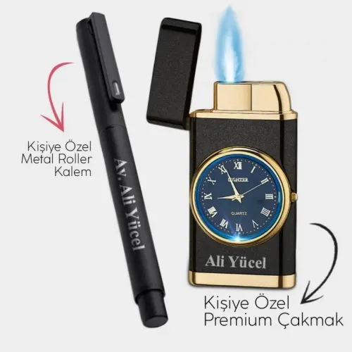 Kişiye Özel - Mat Siyah Saatli Çakmak - Metal Roller Kalem