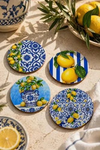 Limon Desenli Bardak Altlığı 4’lü Set – Sicilya Temalı - 9 cm, 3 mm Limon Desenli Bardak Altlığı 4’lü Set – Sicilya Temalı - 9 cm, 3 mm