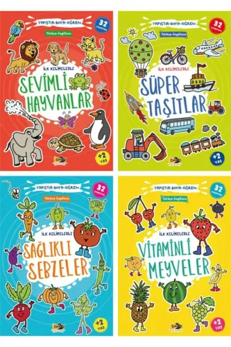 İlk Kelimelerle Öğreniyorum Seti - Türkçe Ingilizce - 128 Çıkartma - 4 Kitap