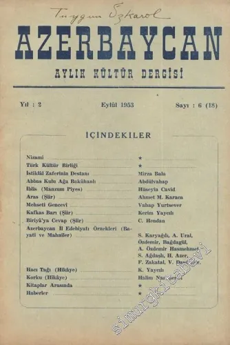 Azerbaycan - Aylık Kültür Dergisi - Sayı: 6 (18), Eylül 1953