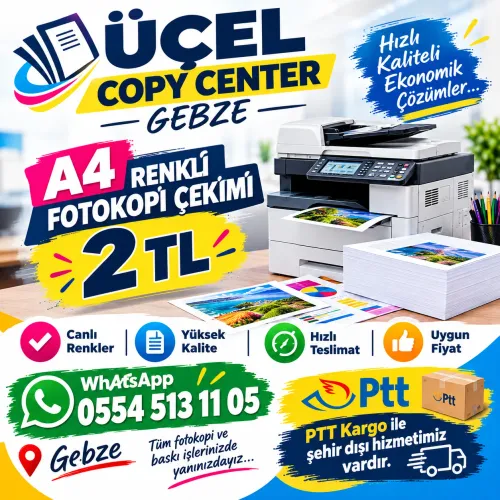 Gebze Ucuz Fotokopi A4 Renkli Fotokopi Çekimi 2 TL dir.